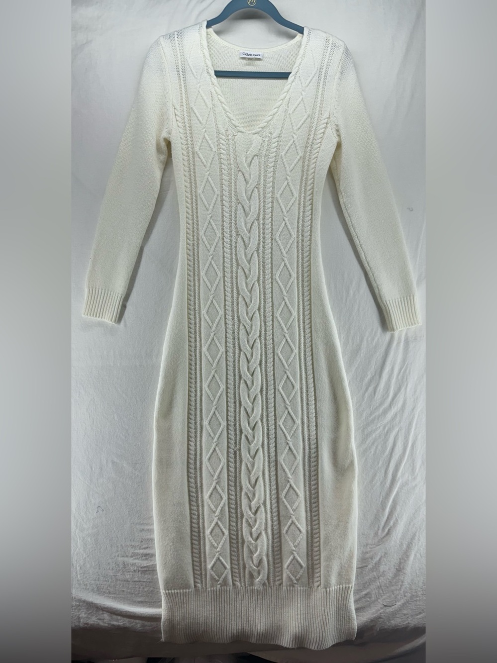 Calvin Klein Ivory‎ Cable Knit Maxi Sweater Dress S Fitted Long Sleeve Bodycon - Picture 2 of 8